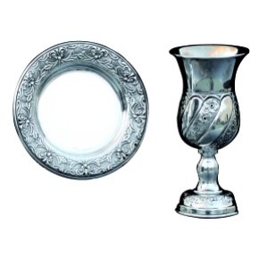 Silver Plated Curvy Kiddush Cup and Saucer Set &acirc;�� Bending Flowers
