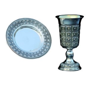 Silver Plated Squared Kiddush Cup and Saucer Set &acirc;�� Pyramid Studs