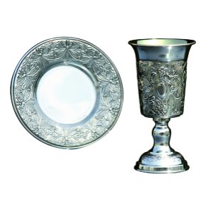 Silver Plated Squared Kiddush Cup and Saucer Set &acirc;�� Floral Designs