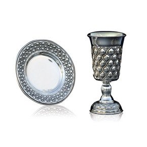 Silver Plated Squared Kiddush Cup and Saucer Set &acirc;�� Diamonds and Ropes