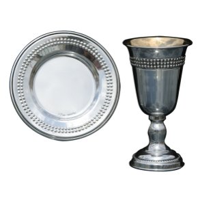 Silver Plated Rounded Kiddush Cup and Saucer Set &acirc;�� Pearls
