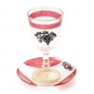 Glass Kiddush Cup of Pink with Grapes and Beaded Saucer