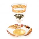 Glass Kiddush Cup of Orange Leaves with Grapes and Beaded Saucer