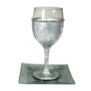16 Centimeter Two Piece Glass Kiddush Cup and Saucer Set with Hand Painting