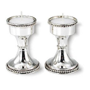 Sterling Silver Shabbat Candlesticks with Rows of Pearls