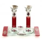 Glass Shabbat Candlesticks of Red Leaves and Accompanying Tray