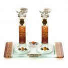 Glass Shabbat Candlesticks of Brown Leaves and Accompanying Tray