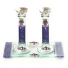 Glass Shabbat Candlesticks of Purple and Blue with Accompanying Tray