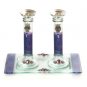 Glass Shabbat Candlesticks of Purple and Blue with Accompanying Tray