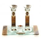 Brown Leaves Glass Shabbat Candlesticks with Accompanying Tray