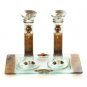 Brown Leaves Glass Shabbat Candlesticks with Accompanying Tray