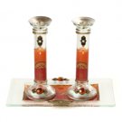 Glass Orange and Red Shabbat Candlesticks with Flowers and Tray