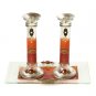 Glass Orange and Red Shabbat Candlesticks with Flowers and Tray