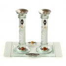Glass Shabbat Candlesticks with White Flowers and Tray