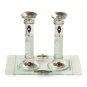 Glass Shabbat Candlesticks with White Flowers and Tray