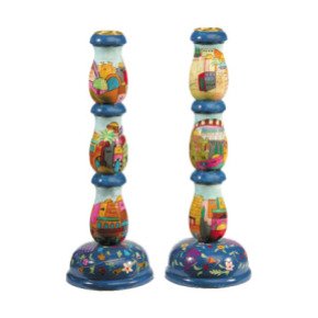 Yair Emanuel Large Shabbat Candlesticks with Jerusalem Depictions