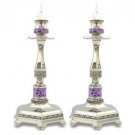 Nickel Shabbat and Holiday Candlesticks with Purple Decoration