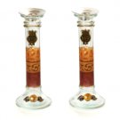 Glass Shabbat Candlesticks with Orange Leaves and Pomegranates
