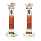 Glass Shabbat Candlesticks with Handheld Fan and Hamsa