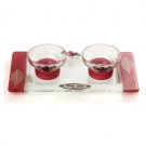 Short Glass Shabbat Candlesticks with Red Leaves and Tray