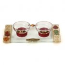 Short Glass Shabbat Candlesticks with Pomegranates and Tray