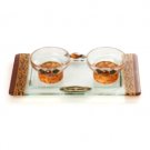 Short Glass Shabbat Candlesticks with Orange Autumn and Tray