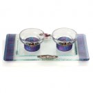 Short Glass Shabbat Candlesticks with Electric Blue and Tray