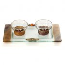 Short Glass Shabbat Candlesticks with Brown Leaves and Tray