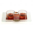 Short Glass Shabbat Candlesticks with Floral Arrangement and Tray
