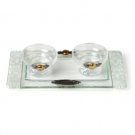Short Glass Shabbat Candlesticks with White Flowers and Tray