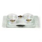 Short Glass Shabbat Candlesticks with White Flowers and Tray
