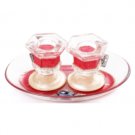Glass Shabbat Candlesticks with Red Leaves and Metal Plaques