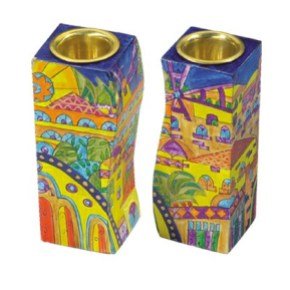 Yair Emanuel Fitted Shabbat Candlesticks with Oriental Jerusalem Depictions