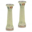 Ceramic Roman Column Candlestick Set with Jerusalem Scene