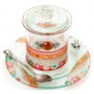 Glass Rosh Hashanah Honey Pot with Bright Floral Pattern