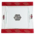 Glass Matzah Plate with Leaves on Deep Red