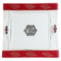 Glass Matzah Plate with Leaves on Deep Red