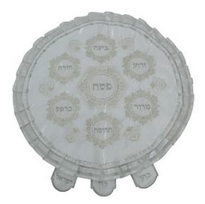 White Matzah Cover with Seder Plate Design and Tabs in Gold and Silver