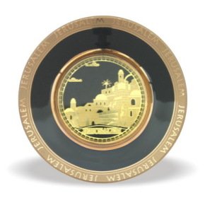 15 cm. Black and Gold Oval Ceramic Jerusalem City of David Plate in English