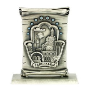 10 Centimeter Pewter Scroll with Hamsa and Jerusalem in English