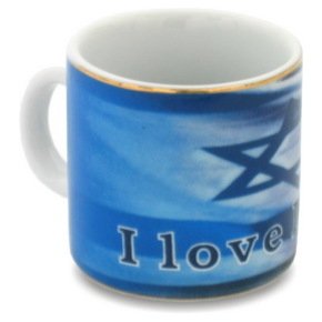 6cm Blue and White Ceramic Mug with &acirc;��I Love Israel&acirc;�� and Gold Stripe