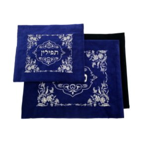 28x35 Centimeter Light Blue Tallit and Tefillin bags with Flowers and Vines