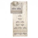 White Silk Tallit with Blue and Silver Floral Pattern