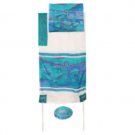 Yair Emanuel Hand Painted Tallit with Jerusalem Vista in Blue and White Silk
