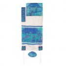 Yair Emanuel Hand Painted Tallit with Jerusalem Gate in White and Blue Silk