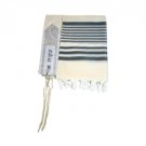 White Wool Or Tallit with Blue Stripes and Atara