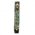 Blue Ceramic Mezuzah with Brown Edges and Flower