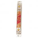 Pewter Mezuzah with Floral Design of Red and Orange