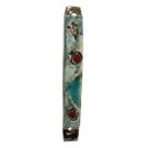 Blue Ceramic Mezuzah with Red Pomegranates and Brown Shin
