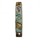 Blue Ceramic Mezuzah with Menorahs and Shin in Blue and Gold